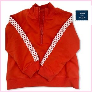 Worn 2x! JANIE AND JACK Orange Half Zip 2T w/ Orange White Pattern Appliqué